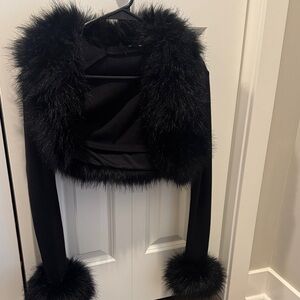 Black Faux Fur Trim Bolero Jacket